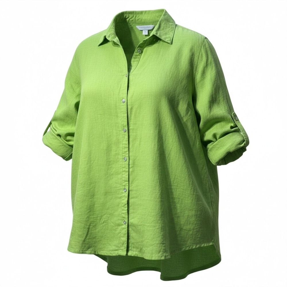 Martha Stewart Button Down Shirt Womens 1X Green Linen Blend Roll Tab Coastal